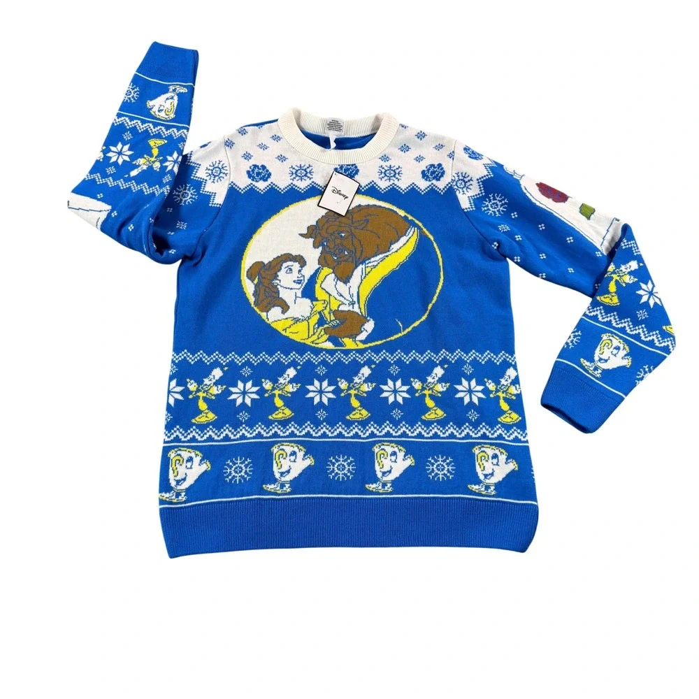 NWT Disney Beauty and the Beast Ugly Christmas Sweater Blue Belle Beast Unisex M